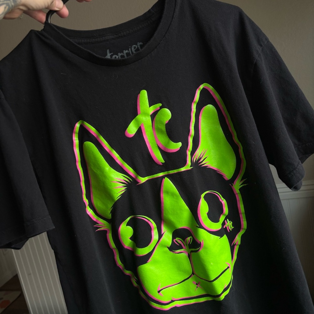 Terrier Cult TC Black Tee with Neon Green and Pink Boston Terrier Frenchie Pug